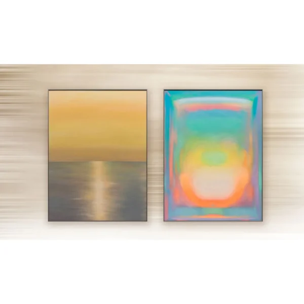 Sunset and Colour Glow Painting Set of 2, 90 x 120 cm Each in mustard — in a room setting