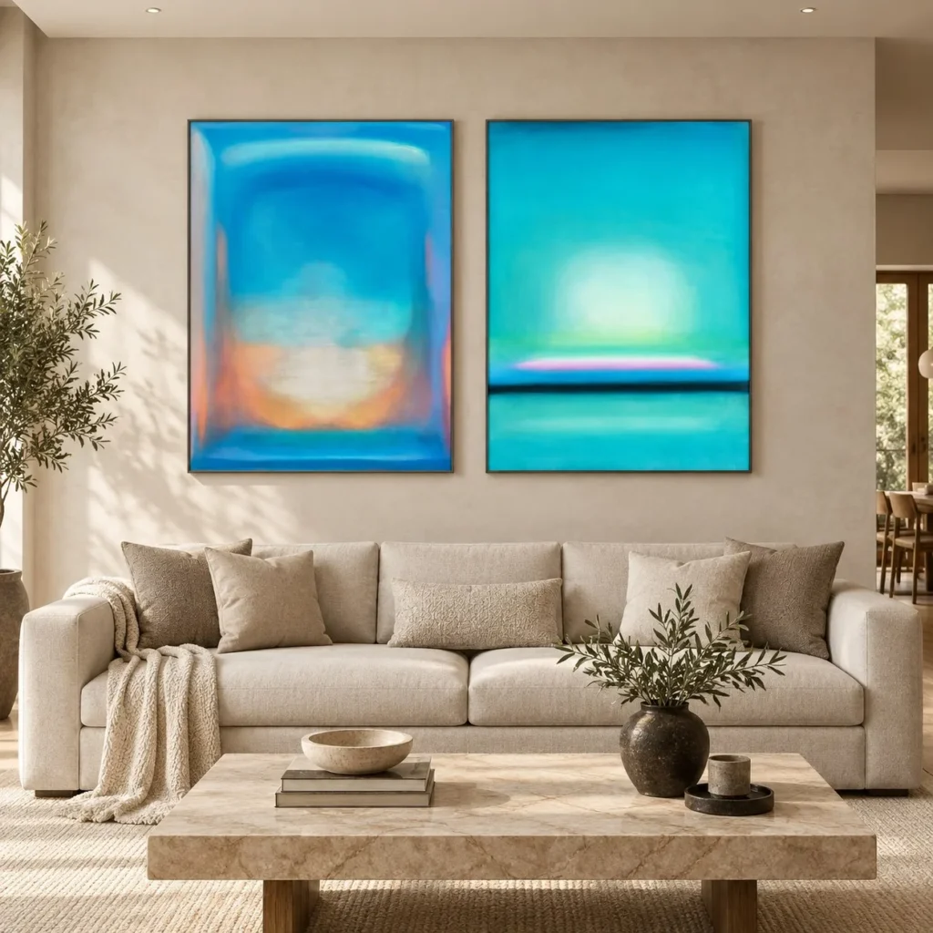 Blue Glow Painting Set of 2, 90 x 120 cm Each in blue — front view