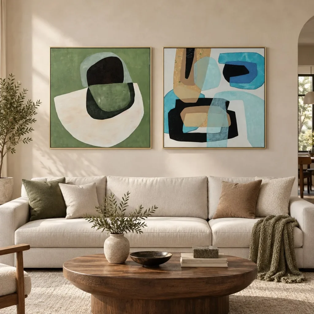 Green and Blue Organic Shape Painting Set of 2, 80 x 80 cm in olive — front view
