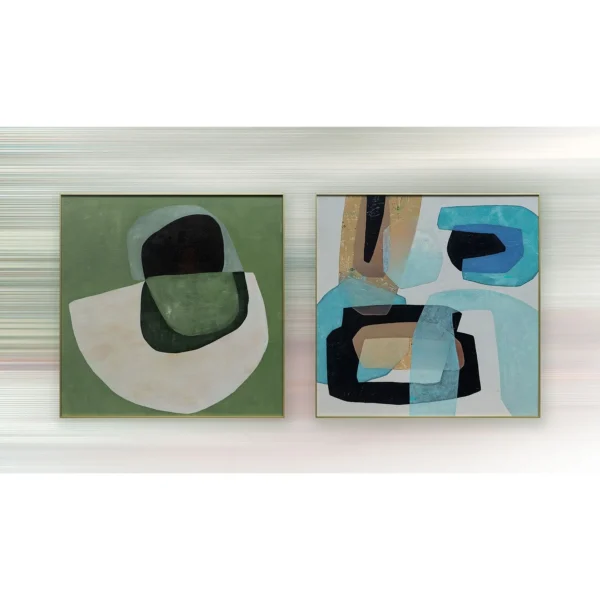 Green and Blue Organic Shape Painting Set of 2, 80 x 80 cm in olive — in a room setting