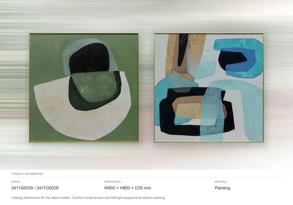 Green and Blue Organic Shape Painting Set of 2, 80 x 80 cm in olive — dimensions