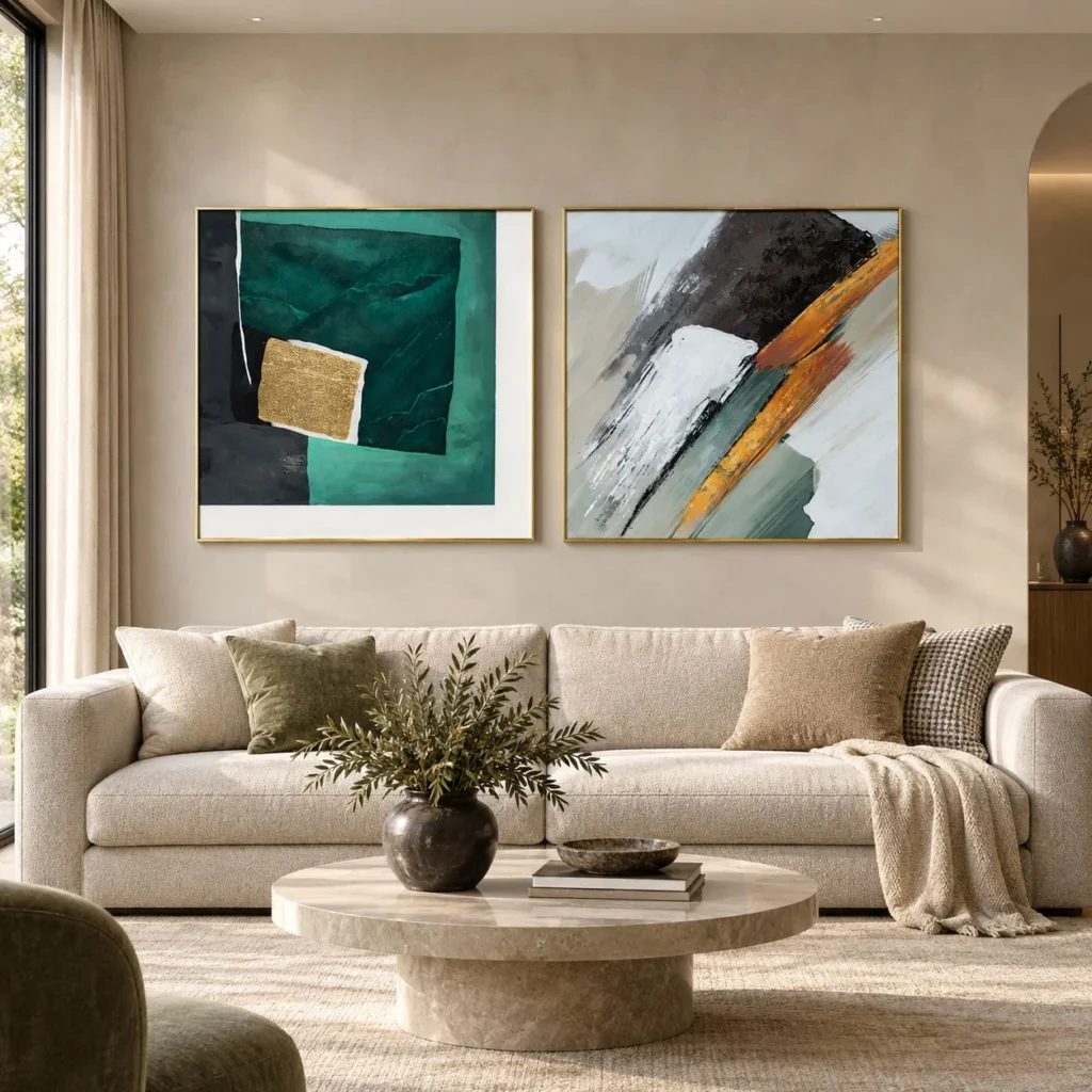 Emerald and Grey Abstract Painting Set of 2, 80 x 80 cm Each in olive — front view