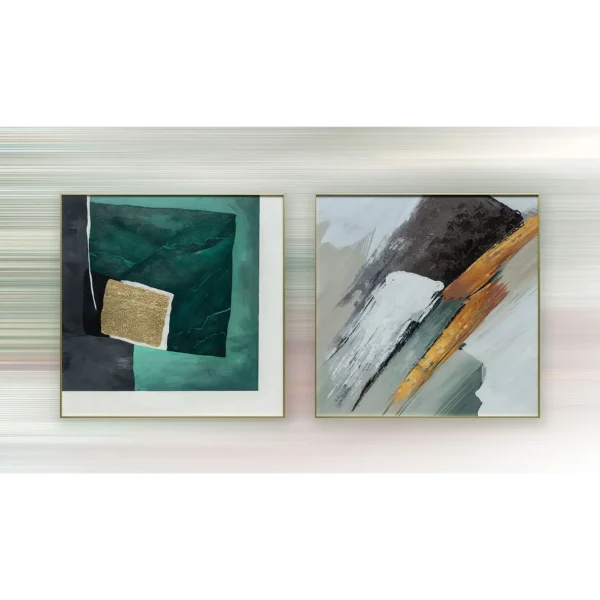 Emerald and Grey Abstract Painting Set of 2, 80 x 80 cm Each in olive — in a room setting