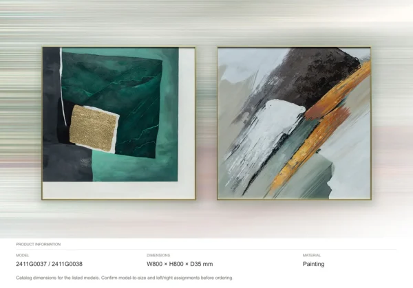 Emerald and Grey Abstract Painting Set of 2, 80 x 80 cm Each in olive — dimensions