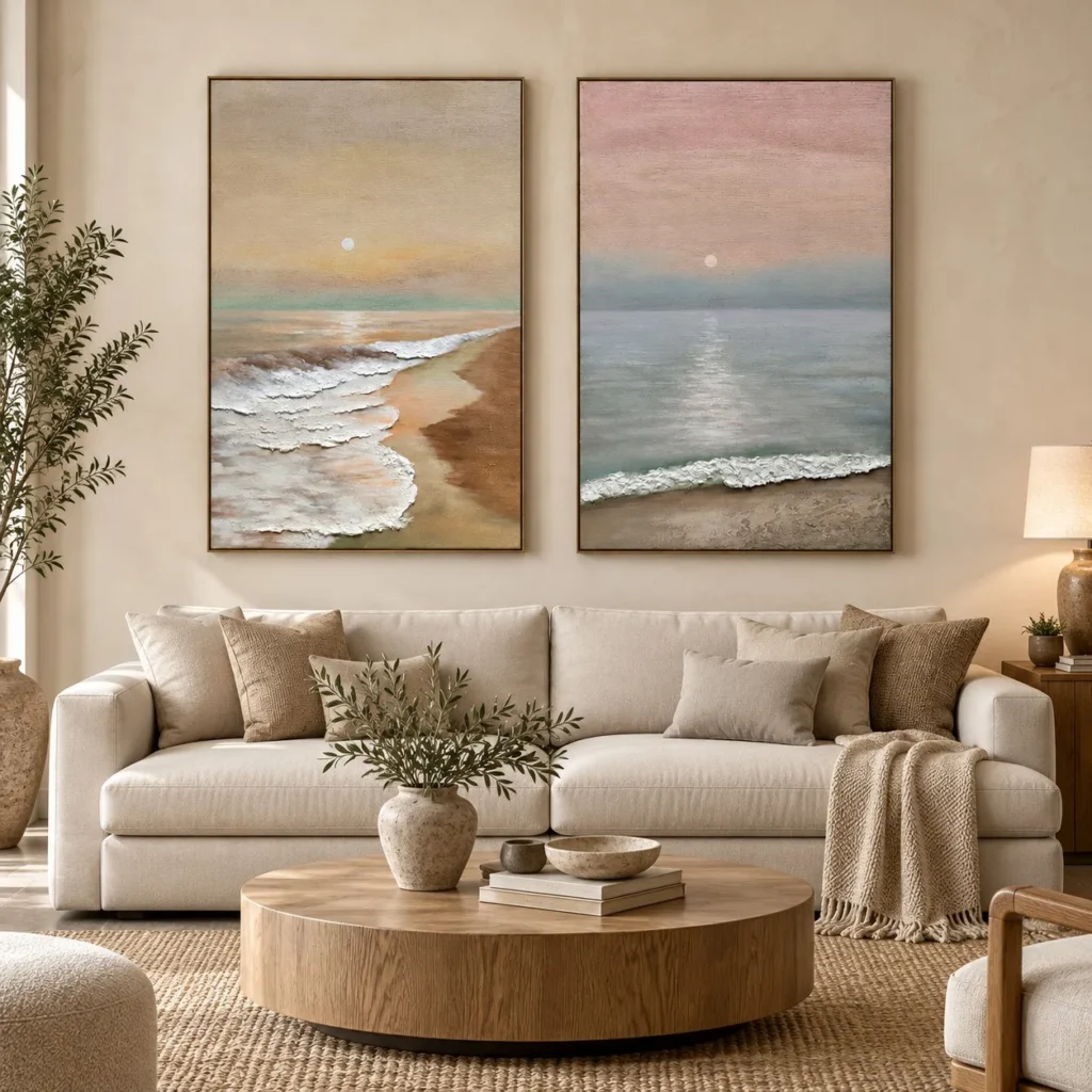 Coastal Sunset Painting Set of 2, 80 x 120 cm Each in rose stone — front view