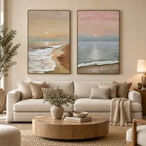 Coastal Sunset Painting Set of 2, 80 x 120 cm Each in rose stone — front view