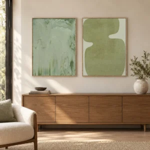 Sage Green Abstract Painting Set of 2, 45 x 60 cm Each in olive — front view