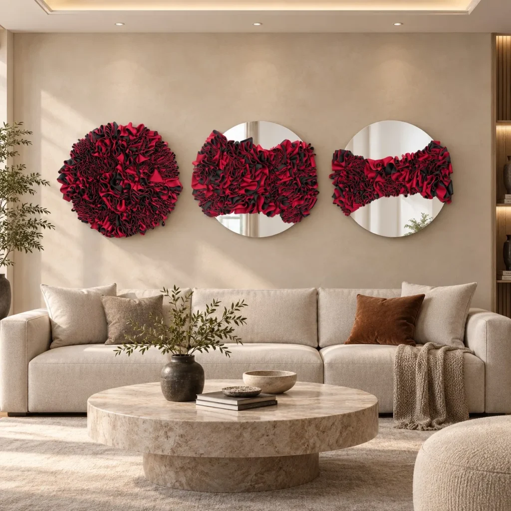 Red Fabric Petal Mirror Discs Set of 3, 70 cm Each in red — front view