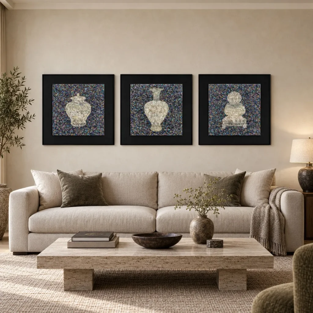 Mother of Pearl Vase Set of 3 in black — front view