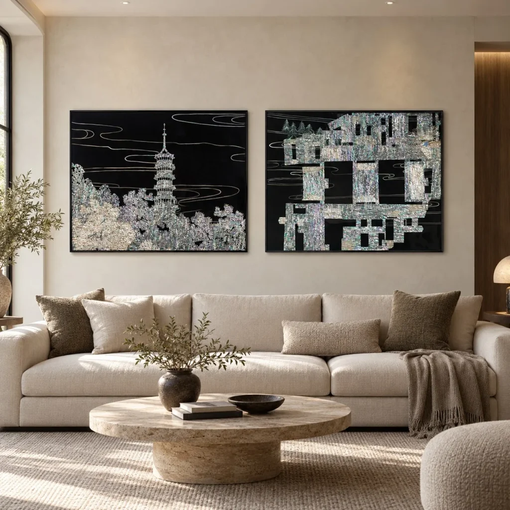 Mother of Pearl Pagoda and City Set of 2 in black — front view