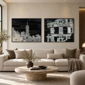 Mother of Pearl Pagoda and City Set of 2 in black — front view