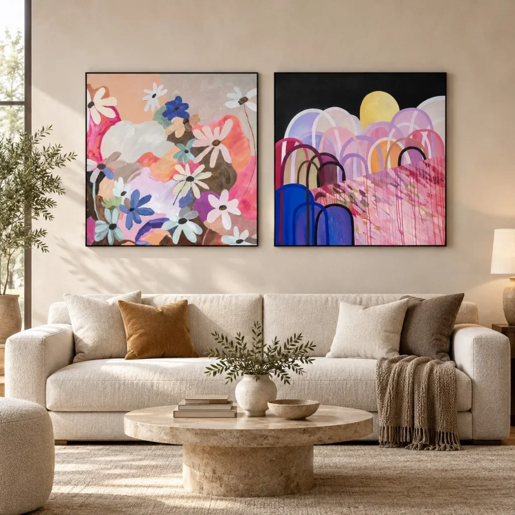 Wildflower and Rainbow Arch Painting Set of 2, 100 x 100 cm in rose stone — front view