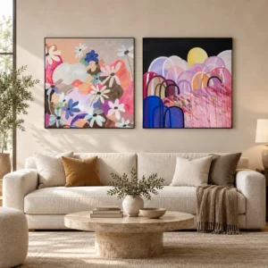 Wildflower and Rainbow Arch Painting Set of 2, 100 x 100 cm in rose stone — front view