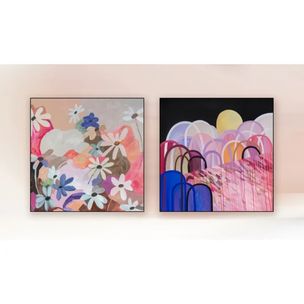 Wildflower and Rainbow Arch Painting Set of 2, 100 x 100 cm in rose stone — in a room setting