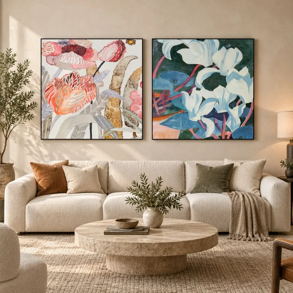 Coral and Magnolia Painting Set of 2, 120 x 120 cm Each in rose stone — front view