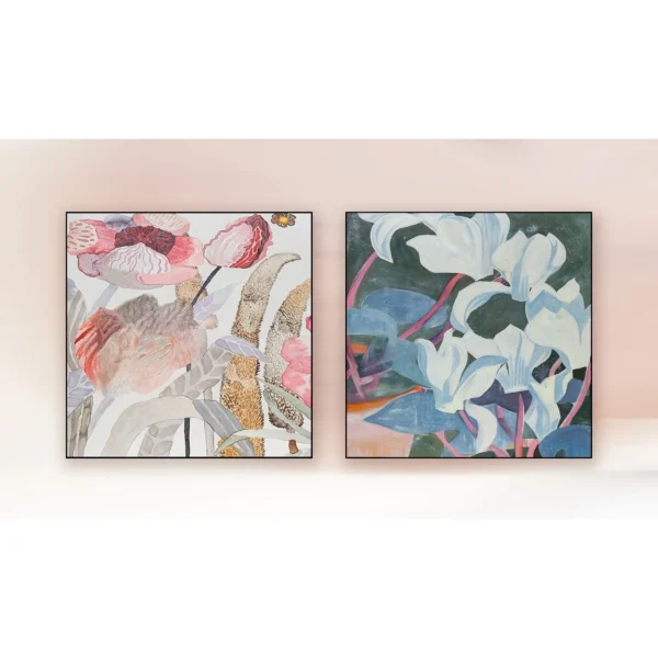 Coral and Magnolia Painting Set of 2, 120 x 120 cm Each in rose stone — in a room setting