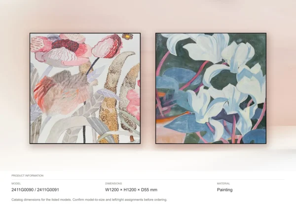 Coral and Magnolia Painting Set of 2, 120 x 120 cm Each in rose stone — dimensions