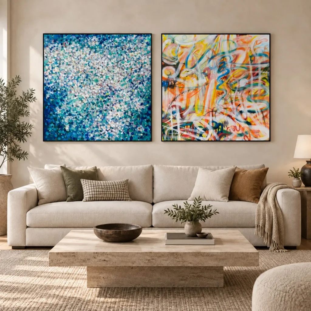 Blue Blossom and Colour Splash Painting Set of 2, 120 x 120 in blue — front view