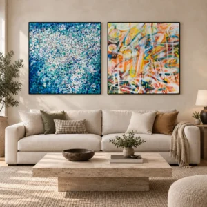 Blue Blossom and Colour Splash Painting Set of 2, 120 x 120 in blue — front view