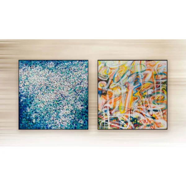 Blue Blossom and Colour Splash Painting Set of 2, 120 x 120 in blue — in a room setting