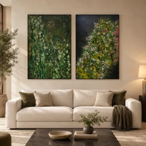 Wildflower Meadow Painting Set of 2, 80 x 120 cm Each in olive — front view