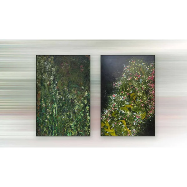 Wildflower Meadow Painting Set of 2, 80 x 120 cm Each in olive — in a room setting