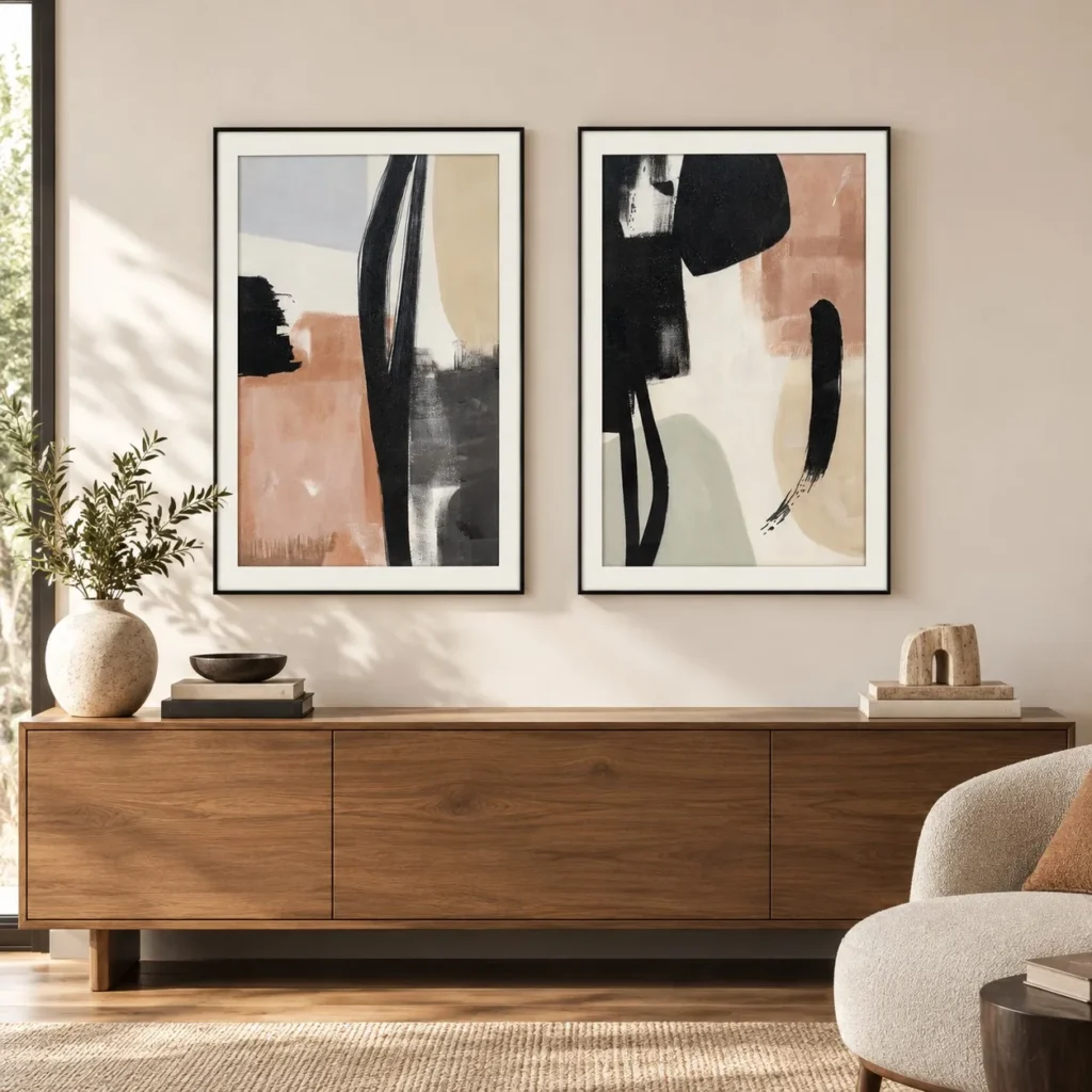 Black Stroke Abstract Painting Set of 2, 60 x 90 cm Each in black — front view