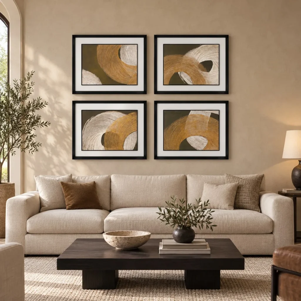 Gold Arc Painting Set of 4 in Black Frames, 63 x 50 cm Each — front view