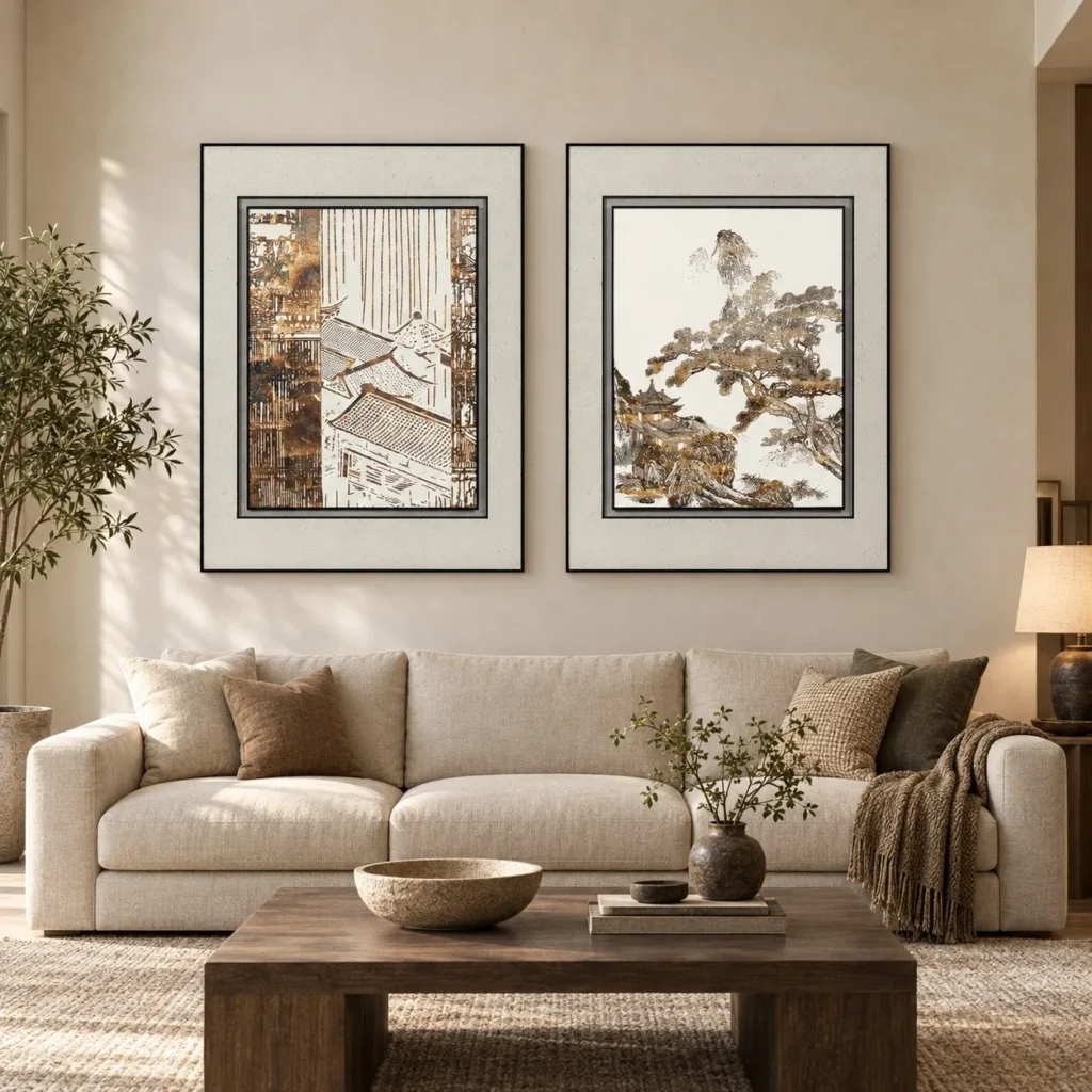 Pagoda and Pine Print Set of 2 in oatmeal — front view