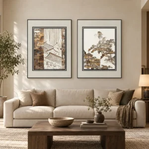 Pagoda and Pine Print Set of 2 in oatmeal — front view