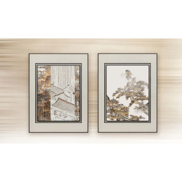 Pagoda and Pine Print Set of 2 in oatmeal — in a room setting