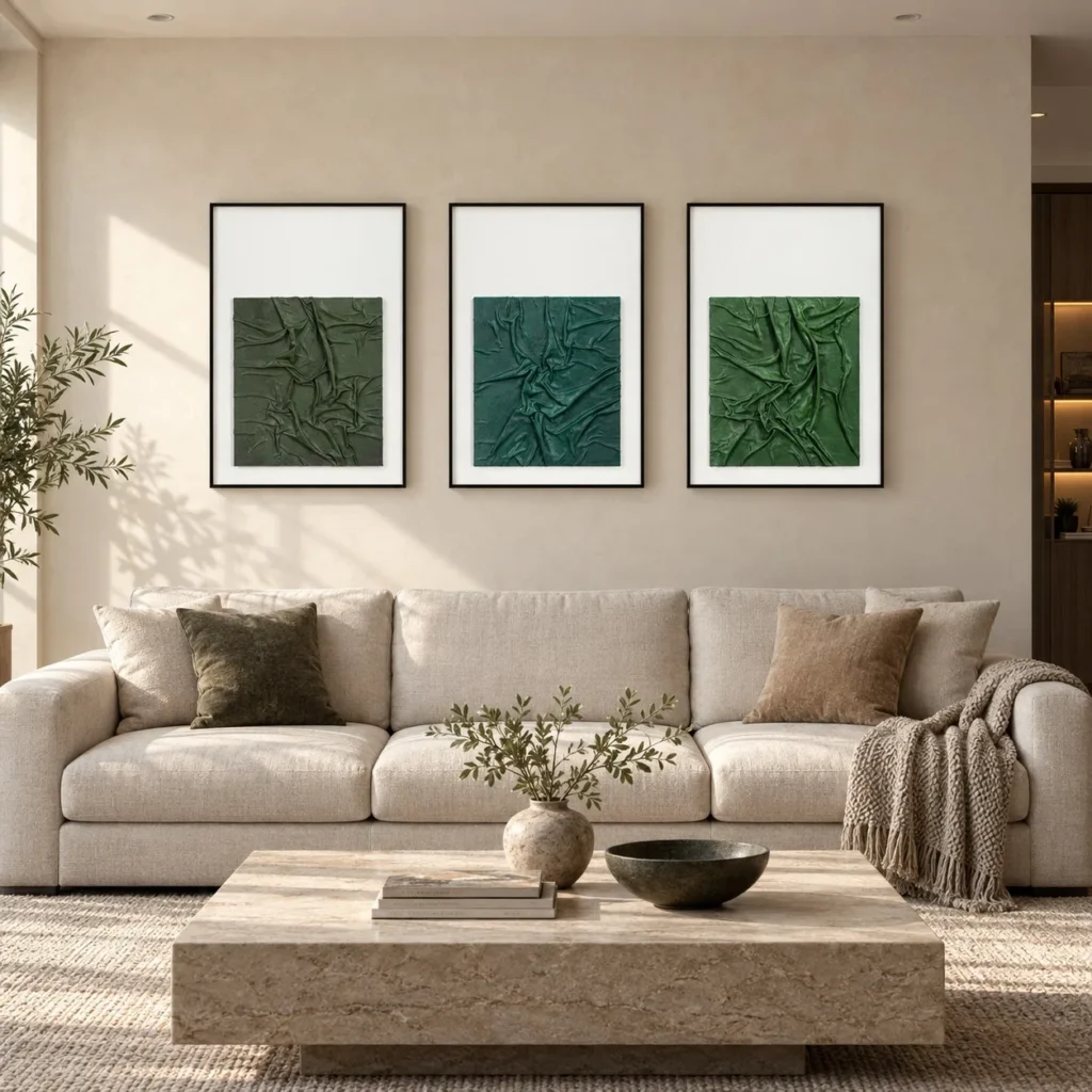 Green Crumpled Leather Relief Set of 3, 40 x 60 cm Each in olive — front view