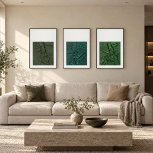 Green Crumpled Leather Relief Set of 3, 40 x 60 cm Each in olive — front view