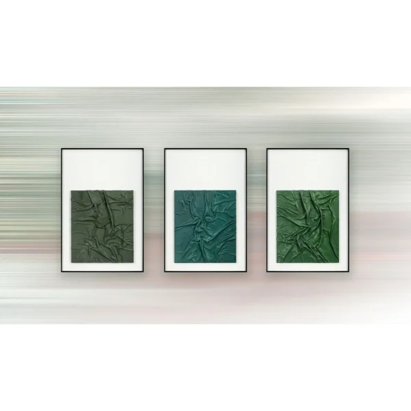 Green Crumpled Leather Relief Set of 3, 40 x 60 cm Each in olive — in a room setting
