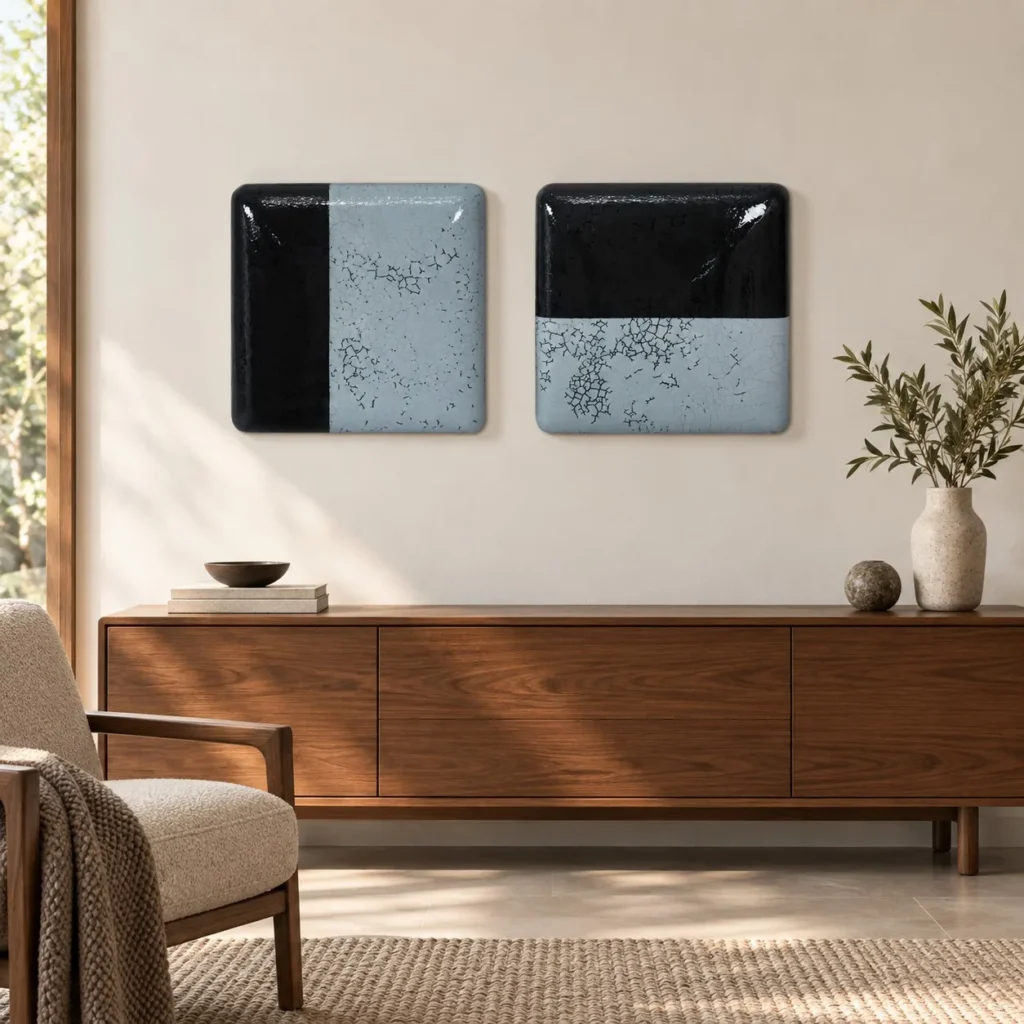 Glazed Tile Pair in Black and Sky Blue, 28 x 28 cm Each — front view