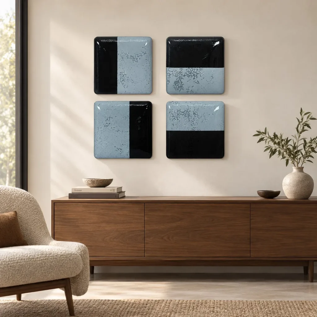Glazed Tile Set of 4 in Black and Sky Blue, 28 x 28 cm Each — front view
