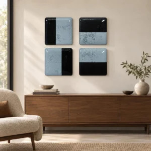 Glazed Tile Set of 4 in Black and Sky Blue, 28 x 28 cm Each — front view