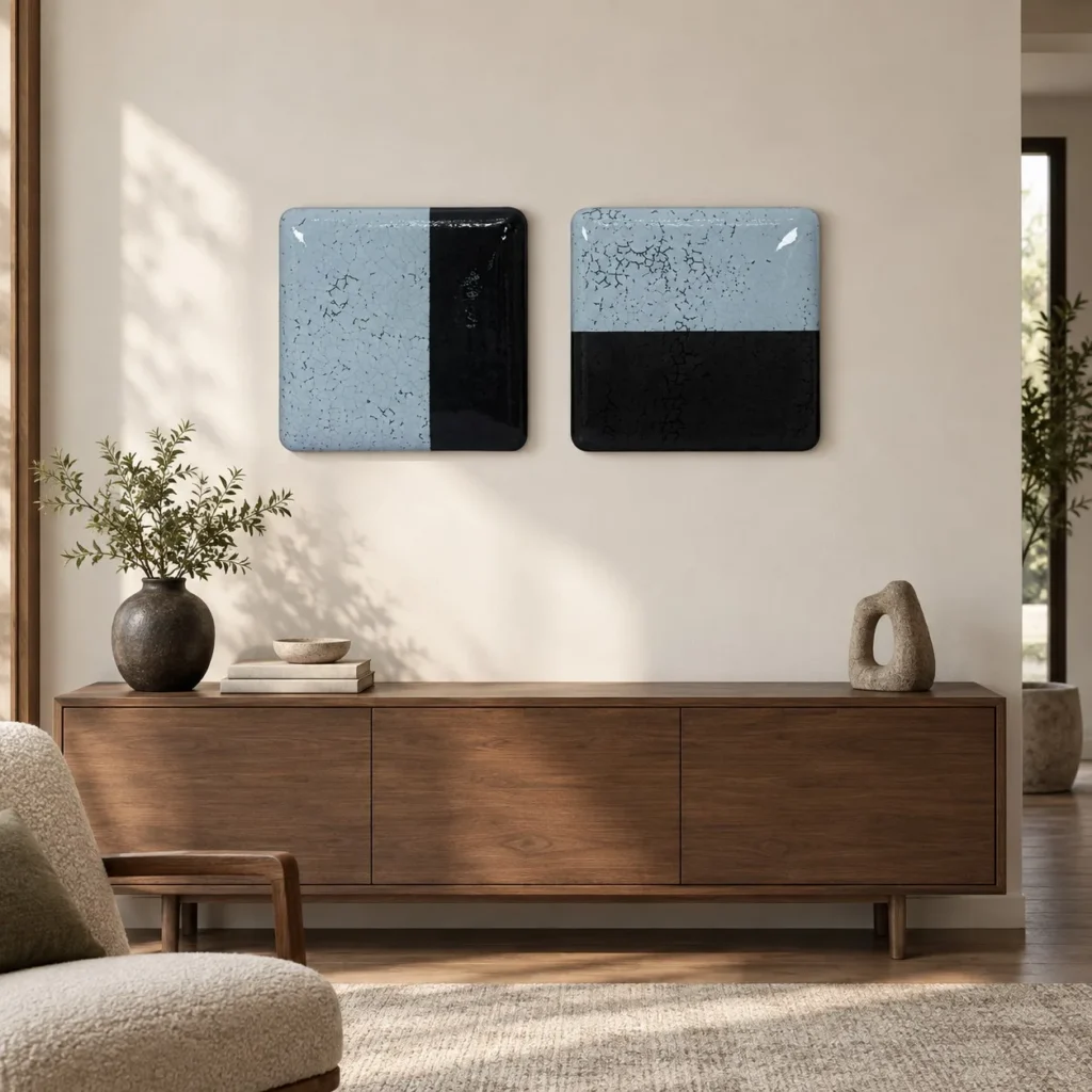 Glazed Tile Pair in Sky Blue and Black, Mirrored, 28 x 28 — front view