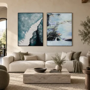 Ocean Wave Textured Painting Set of 2, 90 x 120 cm Each in blue — front view