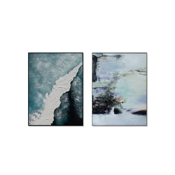 Ocean Wave Textured Painting Set of 2, 90 x 120 cm Each in blue — in a room setting