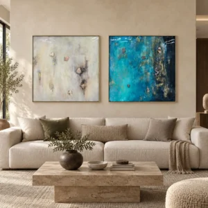 Cream and Teal Textured Painting Set of 2, 80 x 80 cm Each in oatmeal — front view