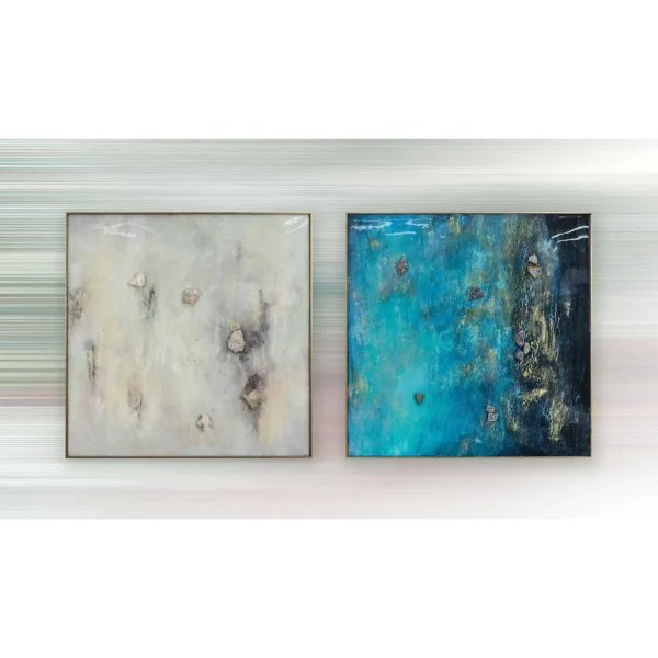 Cream and Teal Textured Painting Set of 2, 80 x 80 cm Each in oatmeal — in a room setting