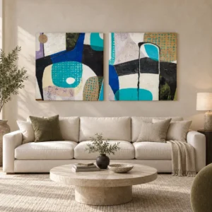 Blue and Teal Collage Abstract Painting Set of 2, 80 x 80 in blue — front view