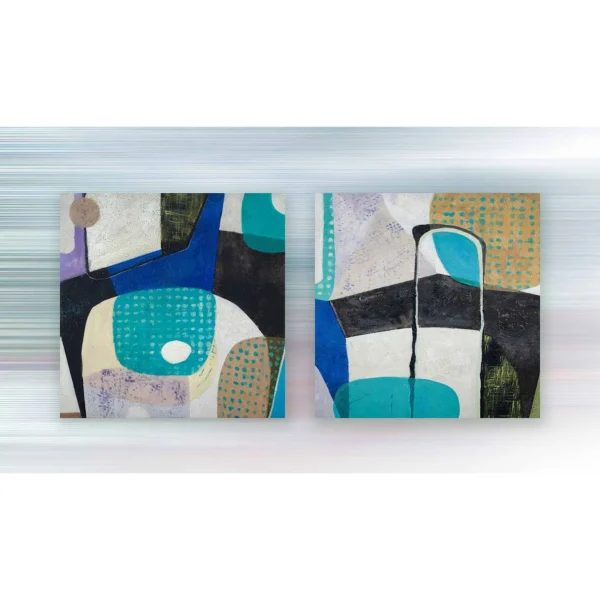 Blue and Teal Collage Abstract Painting Set of 2, 80 x 80 in blue — in a room setting