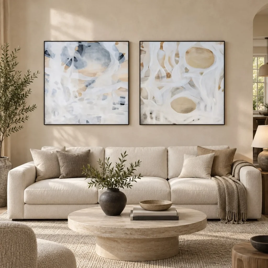 White Line and Gold Circle Painting Set of 2, 80 x 80 cm in ivory — front view