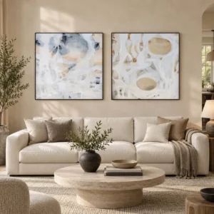 White Line and Gold Circle Painting Set of 2, 80 x 80 cm in ivory — front view