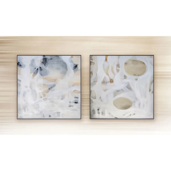 White Line and Gold Circle Painting Set of 2, 80 x 80 cm in ivory — in a room setting