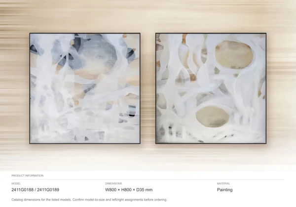 White Line and Gold Circle Painting Set of 2, 80 x 80 cm in ivory — dimensions
