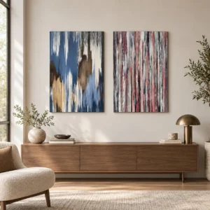 Vertical Streak Abstract Painting Set of 2, 60 x 90 cm Each in blue — front view