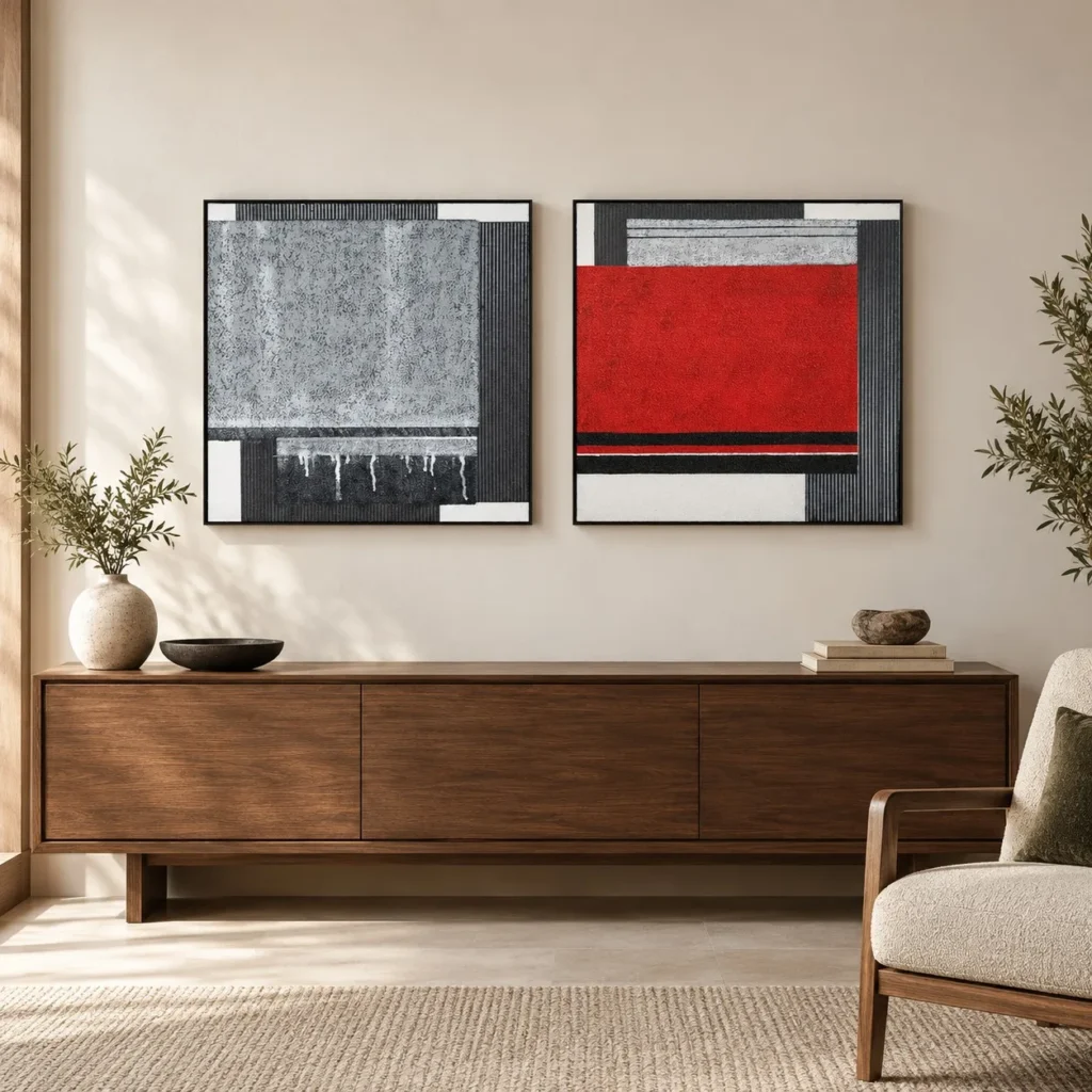 Grey and Red Constructivist Painting Set of 2, 60 x 60 cm in slate — front view